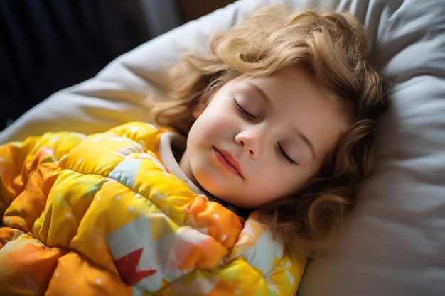 Uma menina adorável a dormir com um brinquedo na cama.