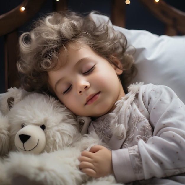 Uma menina adorável a dormir com um brinquedo na cama.