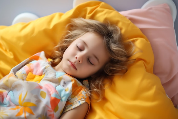 Foto uma menina adorável a dormir com um brinquedo na cama.