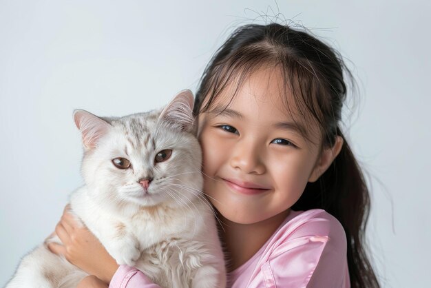 Uma menina adorável abraçando um gato branco fofinho