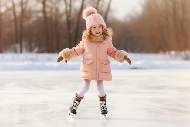 Uma menina adorável com roupas de inverno e chapéu bobble a patinar na pista de gelo.