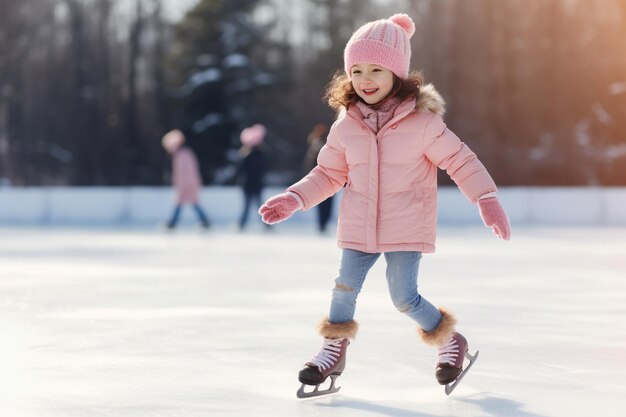 Uma menina adorável com roupas de inverno e chapéu bobble a patinar na pista de gelo.