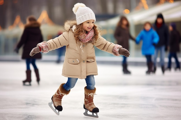 Uma menina adorável com roupas de inverno e chapéu bobble a patinar na pista de gelo.