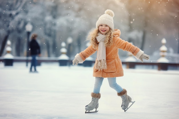 Uma menina adorável com roupas de inverno e chapéu bobble a patinar na pista de gelo.