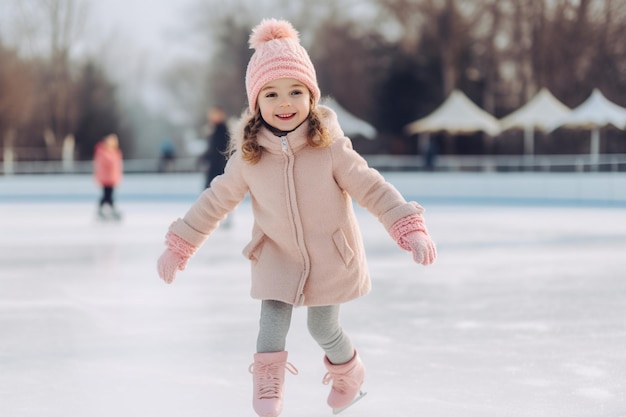 Foto uma menina adorável com roupas de inverno e chapéu bobble a patinar na pista de gelo.