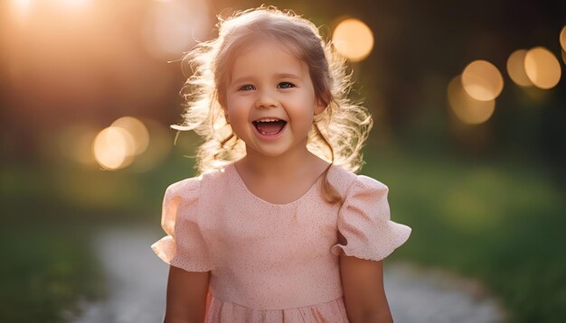 Uma menina adorável de vestido rosa a divertir-se no parque ao pôr do sol.