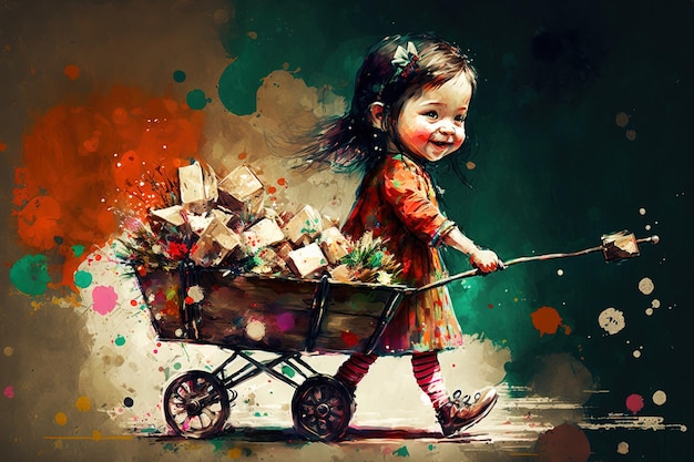 Uma menina adorável e alegre puxando uma carroça enquanto carregava um brinquedo