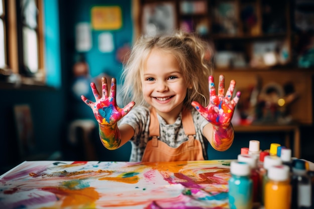 Uma menina adorável na sua mesa em casa com as suas mãos coloridas