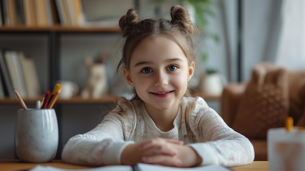 Uma menina adorável na sua secretária com materiais escolares ensino à distância moderno para crianças em casa