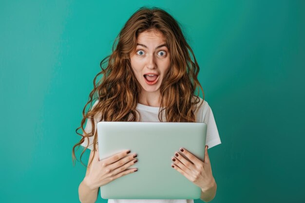 Uma menina adorável segurando um laptop criando uma apresentação em um fundo colorido