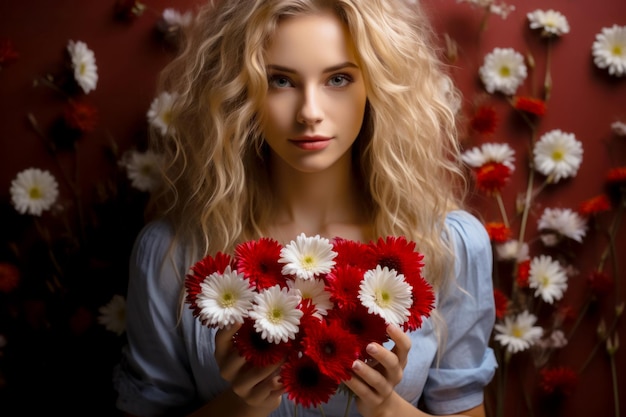 Uma menina adulta tem um coração de flores nas mãos, uma ideia de dia dos namorados para um cartão postal