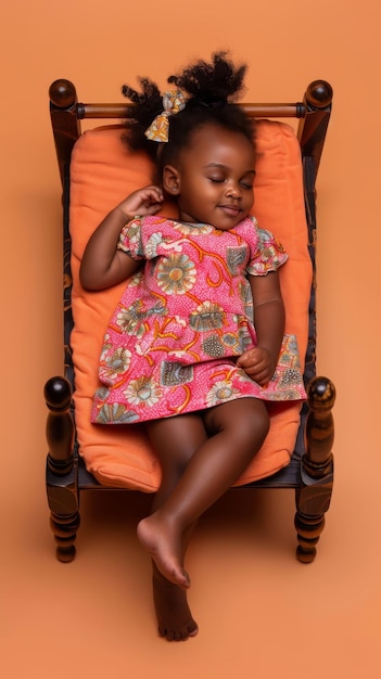 Uma menina africana a dormir sorrindo no pequeno colchão.