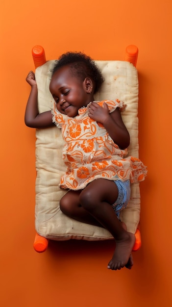 Uma menina africana a dormir sorrindo no pequeno colchão.