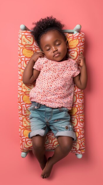 Uma menina africana a dormir sorrindo no pequeno colchão.