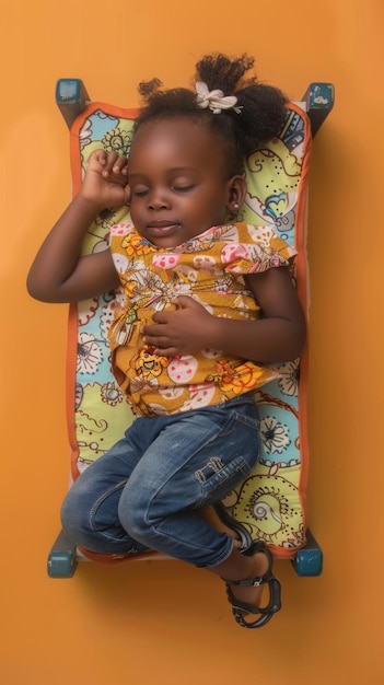 Uma menina africana a dormir sorrindo no pequeno colchão.