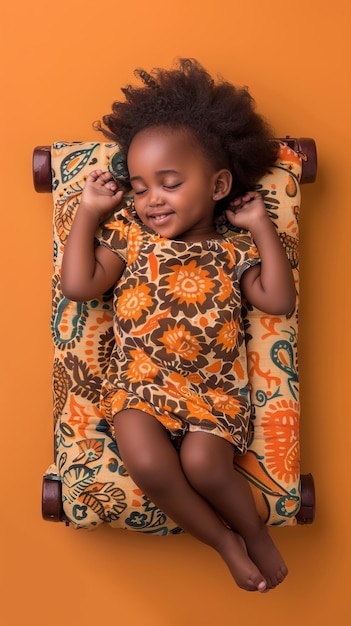 Uma menina africana a dormir sorrindo no pequeno colchão.