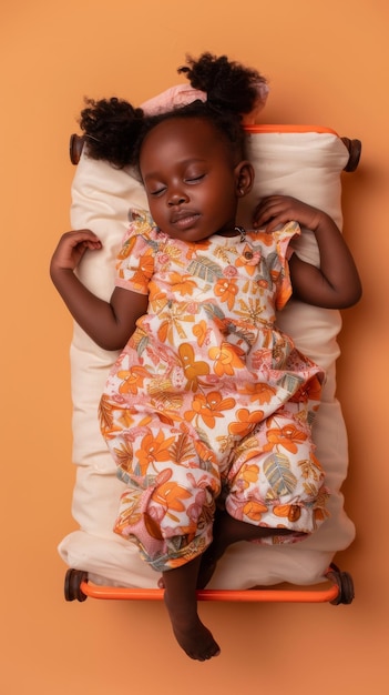 Uma menina africana a dormir sorrindo no pequeno colchão.