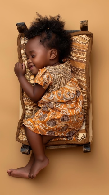 Uma menina africana a dormir sorrindo no pequeno colchão.