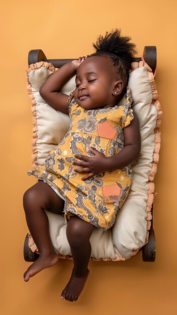 Uma menina africana a dormir sorrindo no pequeno colchão.