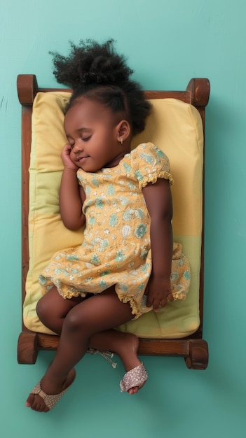 Uma menina africana a dormir sorrindo no pequeno colchão.