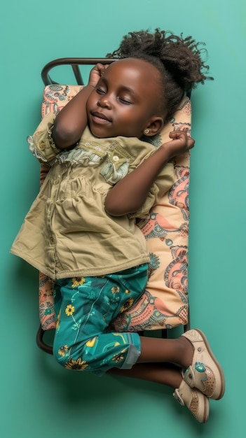 Uma menina africana a dormir sorrindo no pequeno colchão.