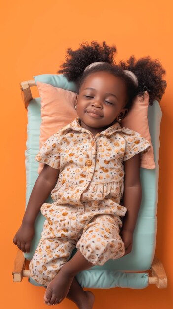 Uma menina africana a dormir sorrindo no pequeno colchão.