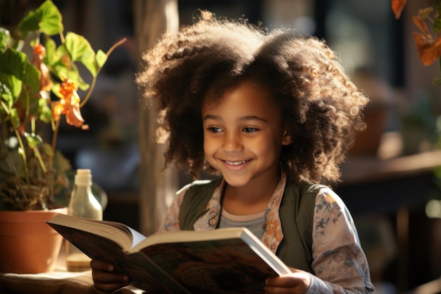 Foto uma menina africana feliz no jardim de infância lê um livro sentada à mesa.