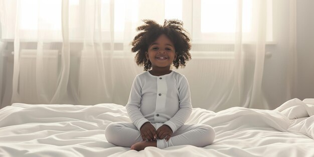 uma menina afro-americana alegre sentada na cama em casa
