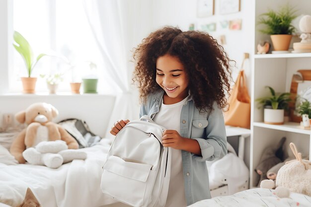 Uma menina afro-americana coloca materiais escolares em uma mochila escolar no quarto de seus filhos