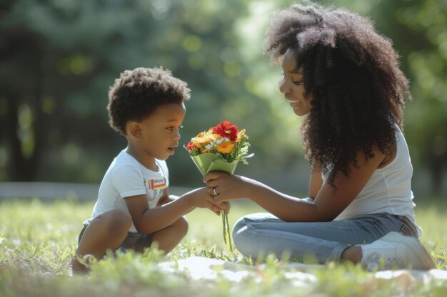 Uma menina afro-americana dando flores à sua mãe.