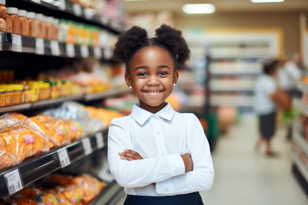 uma menina afro-americana feliz consultora vendedora no fundo de prateleiras com produtos na loja