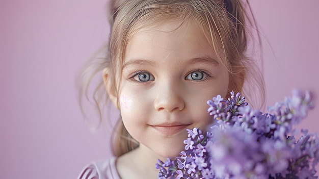 Uma menina agarrando suavemente um aglomerado de flores de lavanda