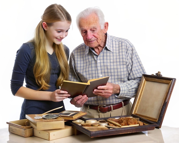 Foto uma menina ajudando um homem idoso a organizar sua coleção de relíquias da família