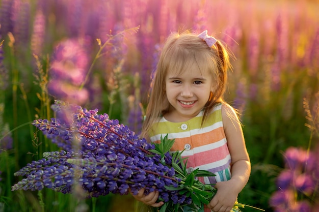 uma menina alegre e bonita com um buquê de tremoços em um campo de flores roxas ao pôr do sol