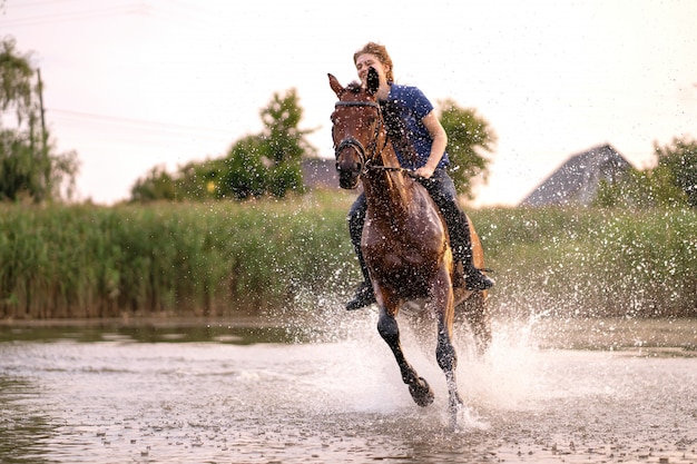 Uma menina andando a cavalo em um lago raso, um cavalo corre sobre a água ao pôr do sol, cuidado e andar com o cavalo, força e beleza