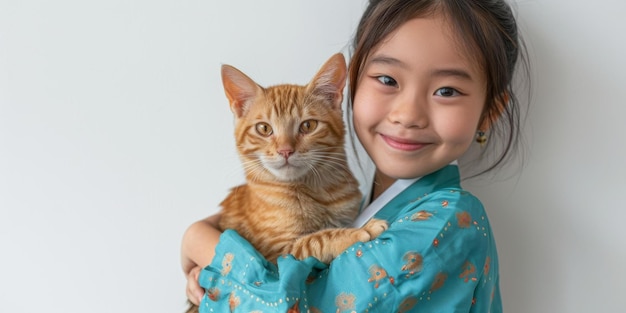 Uma menina asiática a abraçar um gato laranja.
