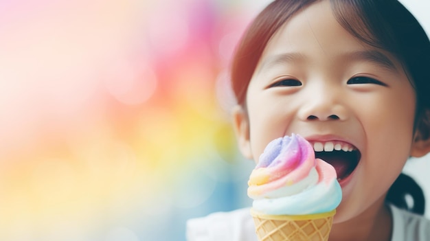 Uma menina asiática alegre a desfrutar de um cone de gelado arco-íris vibrante.