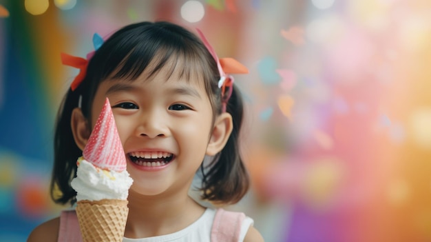 Uma menina asiática alegre a desfrutar de um cone de gelado arco-íris vibrante.