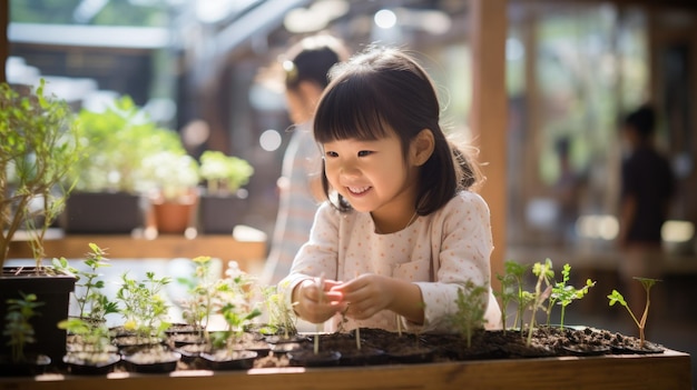 Uma menina asiática cuidando cuidadosamente de suas plantas.