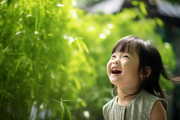 Uma menina asiática feliz no jardim verde