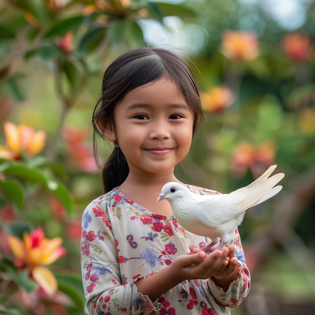 uma menina asiática segurando um pássaro branco e sorrindo