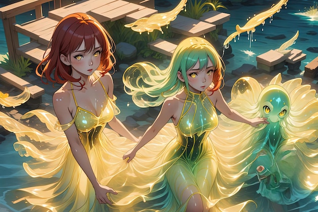 Uma menina bioluminescente com cores do arco-íris anime manga hentai vestido líquido