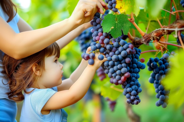 Uma menina bonita a ajudar a colher as uvas da mãe na vinha.