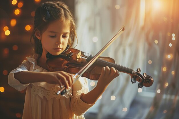 Foto uma menina bonita a aprender a tocar violino.