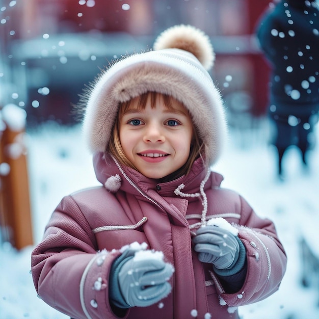 Uma menina bonita a brincar na neve.