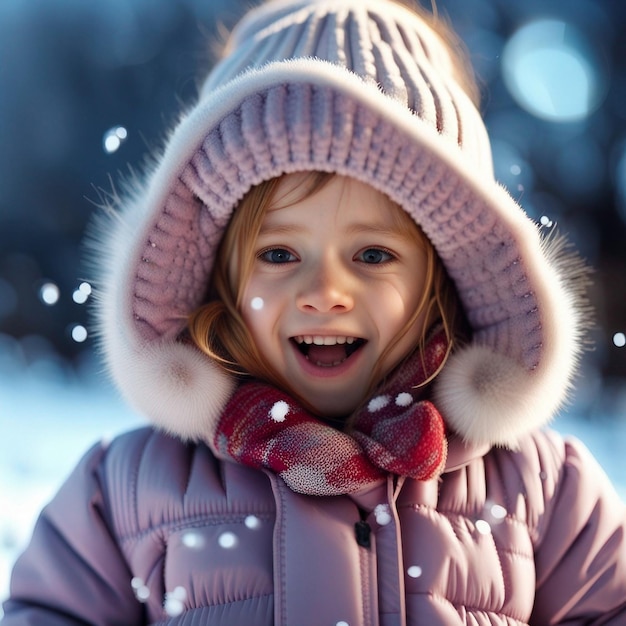 Uma menina bonita a brincar na neve.