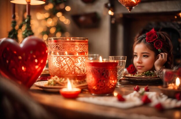 Uma menina bonita a celebrar o Natal a tirar doces e pão de gengibre de um frasco de vidro.