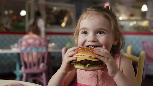 Foto uma menina bonita a comer um hambúrguer no restaurante.