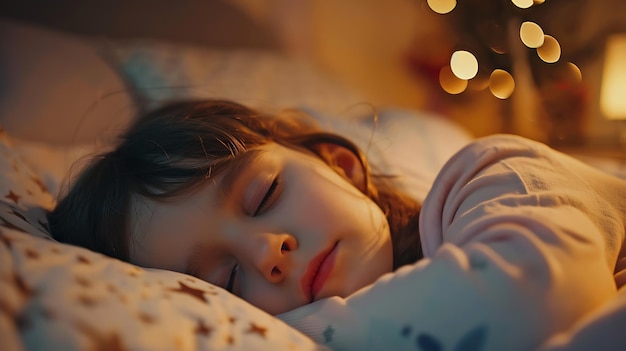 Foto uma menina bonita a dormir na cama em casa, um conceito de infância feliz.