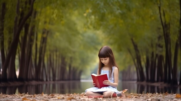 Uma menina bonita a ler o livro da Bíblia no campo.